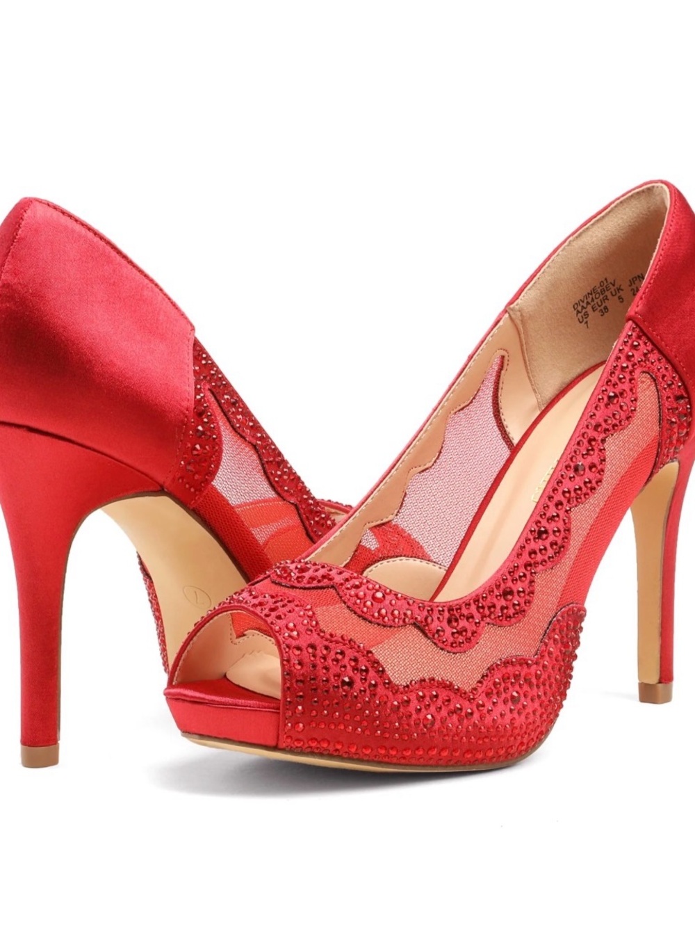 Dream Pairs Red Crystal Mesh Peep-Toe Stilettos